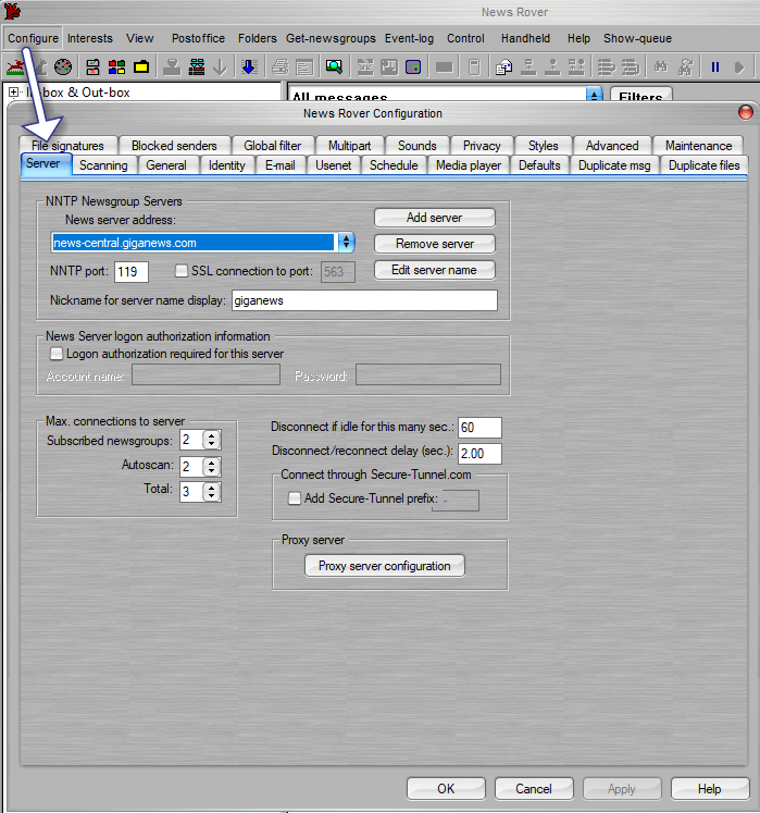 Newsrover Newsreader Configure