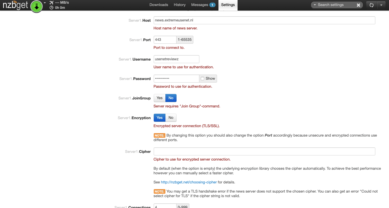 Nzbget Server Settings
