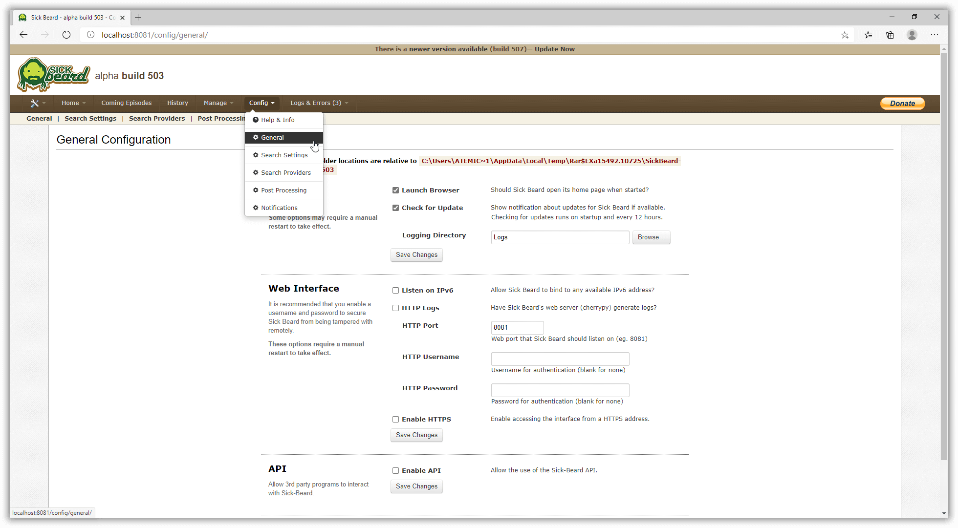 Sickbeard Newsreader Configure General Settings